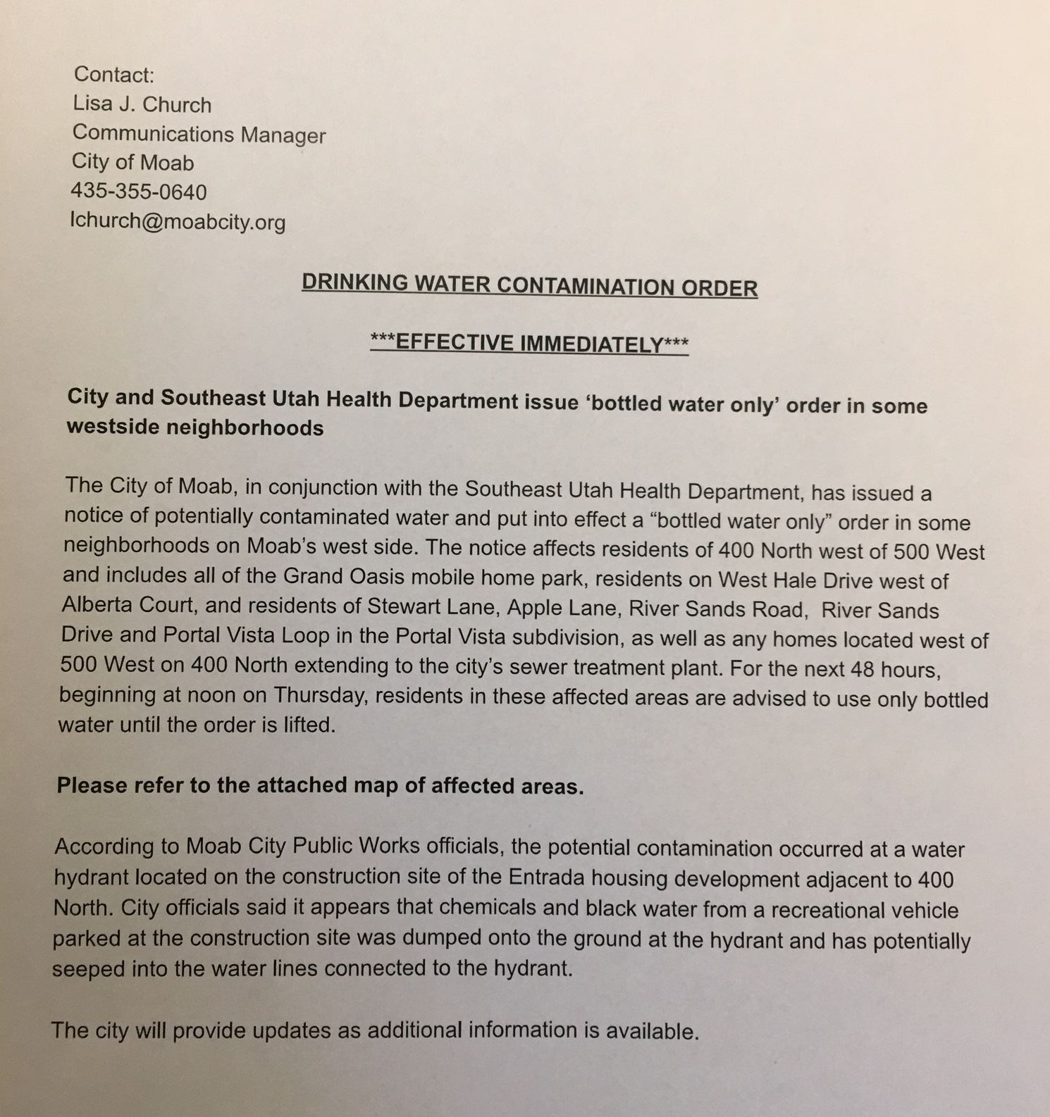MOAB- Drinking Water Contamination Order